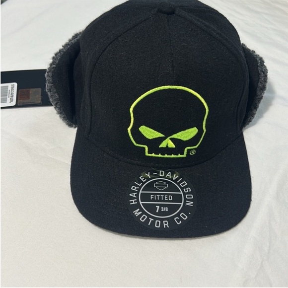 Harley-Davidson Large Hat Willie G Skull Fitted Flap Hat Black Beauty 7 3/8 NWT - Picture 2 of 11